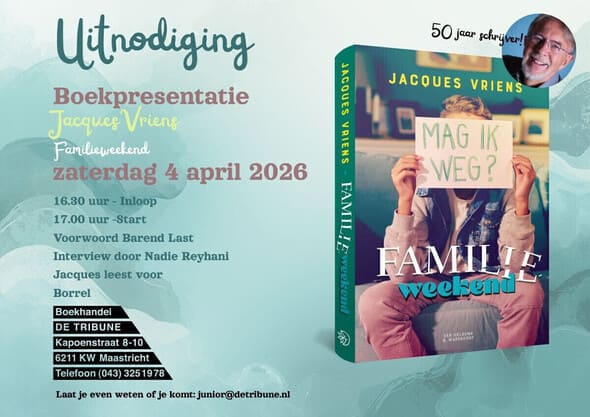 Uitnodiging voor de boekpresentatie van Familieweekend van Jacques Vriens.