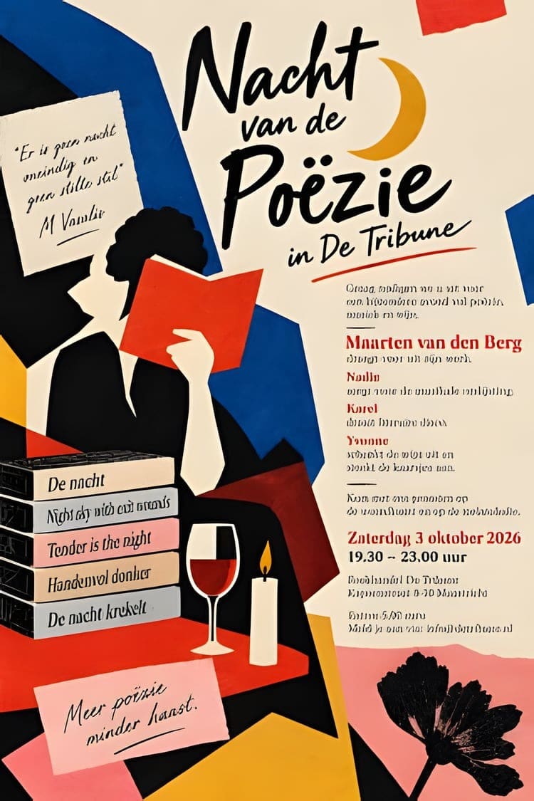 Affiche van de Nacht van de Poëzie in De Tribune, met een lezende figuur, een stapel boeken en een kaars.